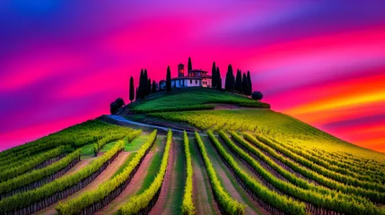 A picturesque vineyard landscape at sunset, featuring vibrant pink and purple skies over rolling hills and a charming farmhouse.