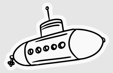 hand drawn illustration of a submarine with antenna in black and white line style