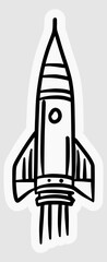 hand drawn illustration of space rocket ship in black and white line style