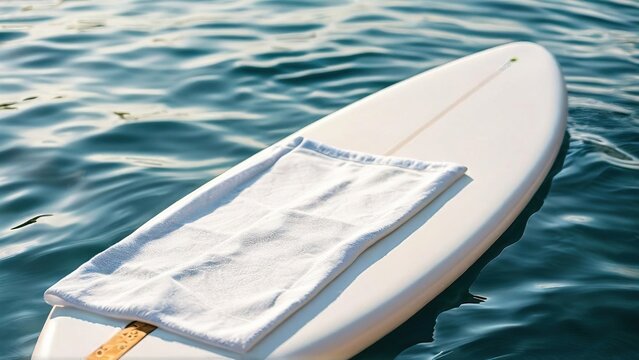 A serene view of a white surfboard with a towel resting on it, floating on calm blue water