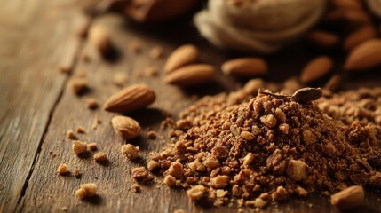 Ground Almonds and Whole Almonds on Rustic Wood