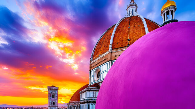 A vibrant sunset illuminates colorful domes, showcasing the architectural beauty of a historic building against a dramatic sky.