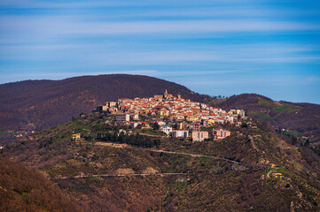 top view of the village of Grisolia with a cloudy sky in the background, Cosenza
