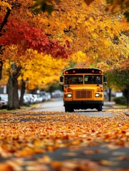 Obraz premium Bright yellow school bus driving through a charming, leaf-filled street in autumn