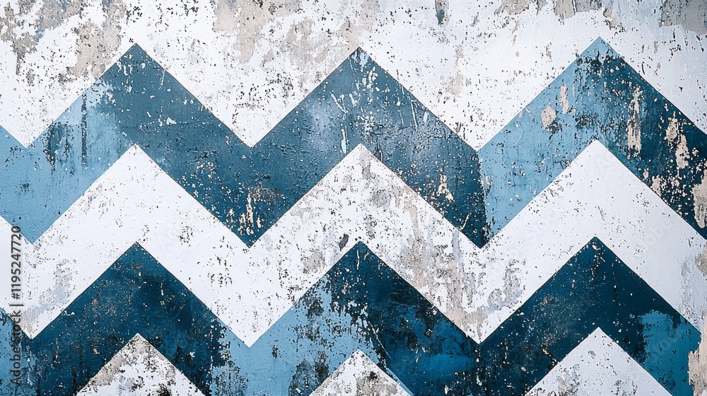 Poster Bold zigzag patterns in various shades of muted blue create a captivating visual experience against a weathered background. The texture reveals a story of time and artistry