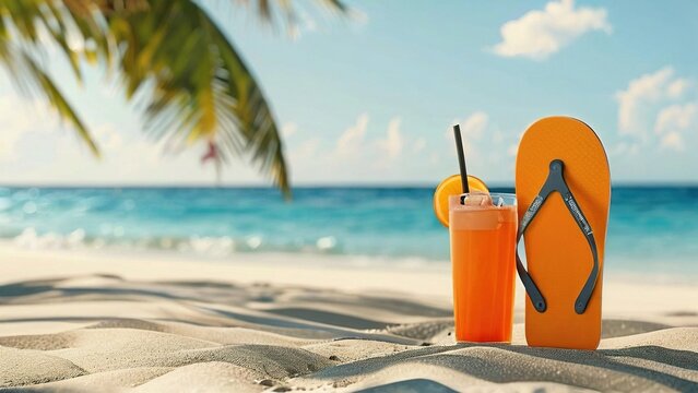 Refreshing orange drink with flip-flops on sandy beach under palm trees, ocean view