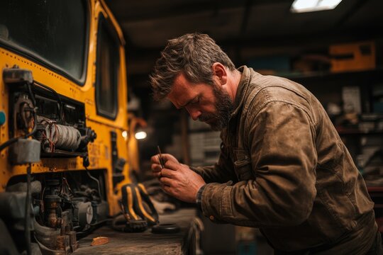 Man repairing a school bus in a workshop during the evening