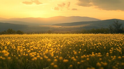 Obraz premium Golden sunset over a vast field of yellow wildflowers and distant mountains.