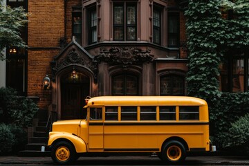 Obraz premium Yellow school bus parked in front of an elegant brick building surrounded by greenery