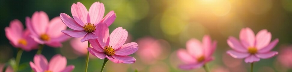 Fototapeta premium Soft pink cosmos flowers in the background with empty space, garden scene, blur background