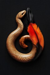 Fototapeta premium Wooden snake, curled, vibrant feather, dark background.