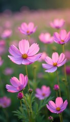 Soft purple cosmos blooms in a field of gentle hue, blooming flowers,