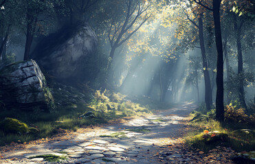 Fototapeta premium A dense forest with tall trees, sunlight filtering through the leaves, creating dappled light and shadow on the ground. The air is filled with a fresh, piney scent.