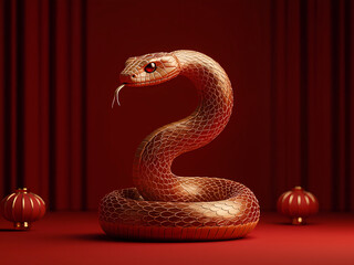 Fototapeta premium A snake is shown in a red background with a gold colour