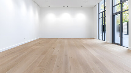 Fototapeta premium Empty modern interior room with an empty white wall and wooden floor mock up