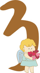 Cute font brown color Complete ALphabet letter Number  Upper case Lower case Collection baby cupid doodle letters isolated transparent