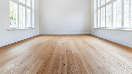 Empty modern interior room with an empty white wall and wooden floor mock up