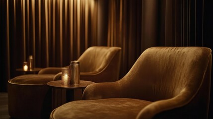 Cozy lounge chairs in dimly lit room with candlelight ambiance and curtains
