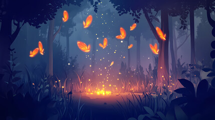Obraz premium Flittering fireflies flying in the night fantasy enchanted forest. fairy tale concept. Fireveil. Illustration