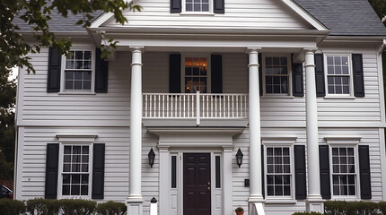 Obraz premium Elegant White House Exterior with Classic Columns and Porch. Beautiful Residential Home Architecture. Real Estate Photography