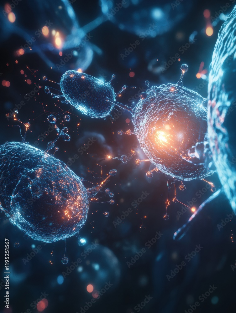 Poster Visualization of antibodies actively targeting and attacking harmful pathogens in a dynamic cellular environment. Generative AI