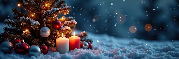 Winter wonderland Christmas tree scene with candles and ornaments, sparkling, candles, snowflake