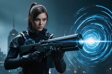 Naklejka premium A confident female figure, dressed in futuristic, black tactical gear, holds a high-tech weapon.