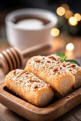 Naklejka premium Traditional Middle Eastern Sweet Treat Made with Roasted Flour, Almonds, and Sesame Seeds, Perfectly Plated with Honey and a Warm Beverage