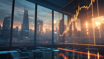 Financial Growth Over Cityscape: A captivating stock image showcasing a financial chart projected onto a glass wall overlooking a futuristic cityscape at sunset.