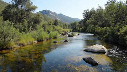Obraz premium A serene river in the middle of an outdoor nature scene, surrounded by lush greenery and towering mountains. The water reflects the sky above with clear detail.