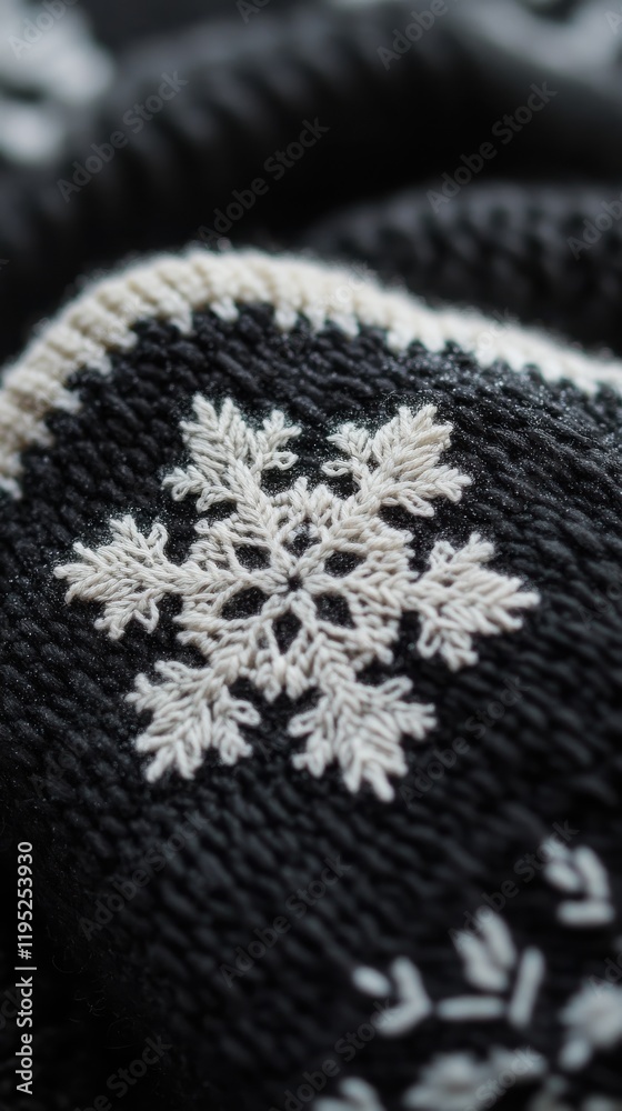 Fototapete Close-up view of an intricate snowflake resting on a dark woolen glove highlighting unique natural patterns