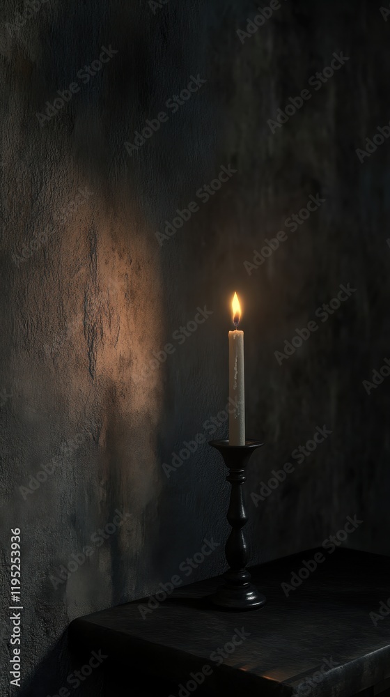 Aufkleber Single candle burning in a dark room creating soft shadows on the wall
