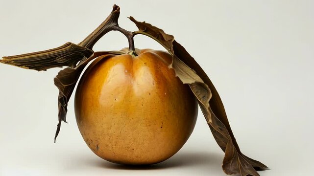Golden sapote fruit with dried leaves on a light background, showcasing its unique shape and color