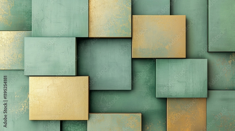 Poster layered geometric squares in muted green and gold create a captivating visual tapestry, inviting vie