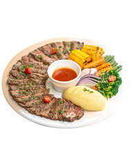 Sliced tenderloin or sirloin steak with  barbeque sauce. Served on white plate with grilled veggies, fries and mashed potato. Perfect for menu, catalogue, advertising or commercial use