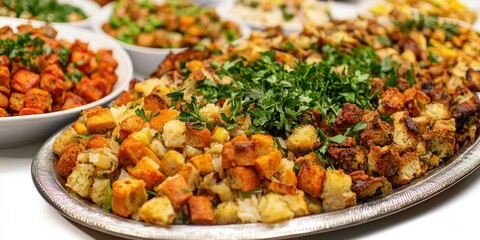 Thanksgiving stuffing on a serving platter, garnished with parsley and displayed alongside other holiday dishes