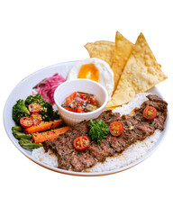 beef steak bowl with rice, grilled veggies and slice onion. Sunny side up and crispy crackers as topping on top. Served on white bowl. Perfect for menu, catalogue, advertising or commercial use