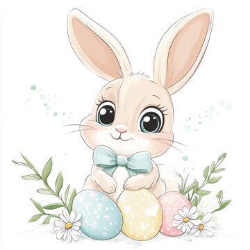 recommend clip art: Cute bunny holding Easter eggs, spring floral background, greeting card design