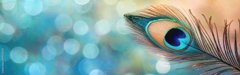 Poster close-up view of a vibrant peacock feather showcasing intricate details and colors against a softly 