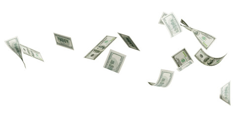 Flying 100 American dollars banknote isolated on white