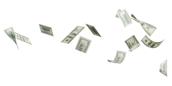 Flying 100 American dollars banknote isolated on white