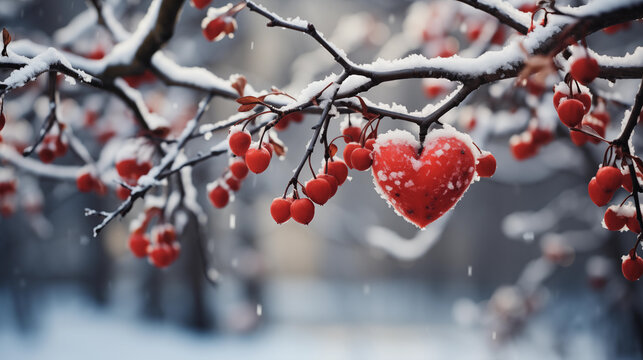 Tree branch with red berries and heart on it in snowy day on the blurred snowy park background