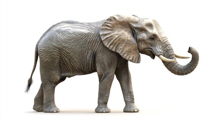 An African elephant stands with its trunk raised, exuding power and majesty, set in a natural environment that emphasizes its grandeur and strength.