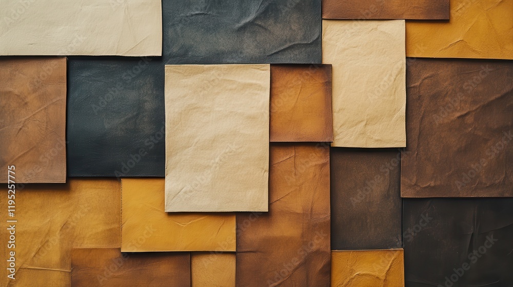 Aufkleber Arranged papers on a minimalist monochromatic background in muted amber tones for artistic depth and texture
