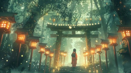 Obraz premium Enchanted Forest Pathway with Lanterns