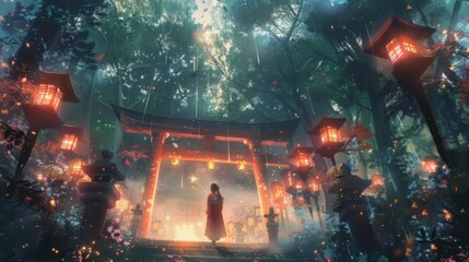 Naklejka premium Serene Forest Gateway with Lanterns at Dusk