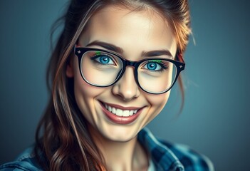 Fototapeta premium Portrait of a smiling female with trendy glasses and casual outfit