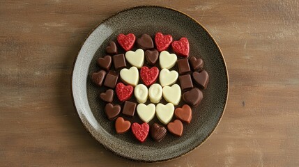 Valentineâ€™s Day chocolate display with dark, milk, and white chocolates arranged artfully on a plate