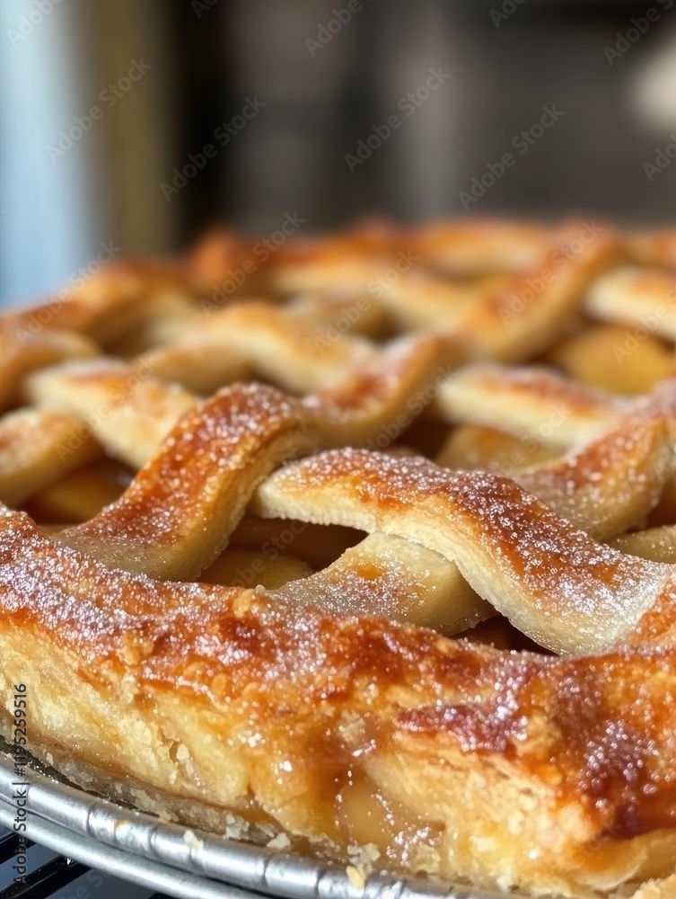 Poster warm and inviting close-up of a freshly baked apple pie with a golden lattice crust and sugar dustin