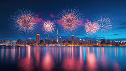 Fototapeta premium Stunning fireworks illuminate a vibrant cityscape at night with reflections on the water